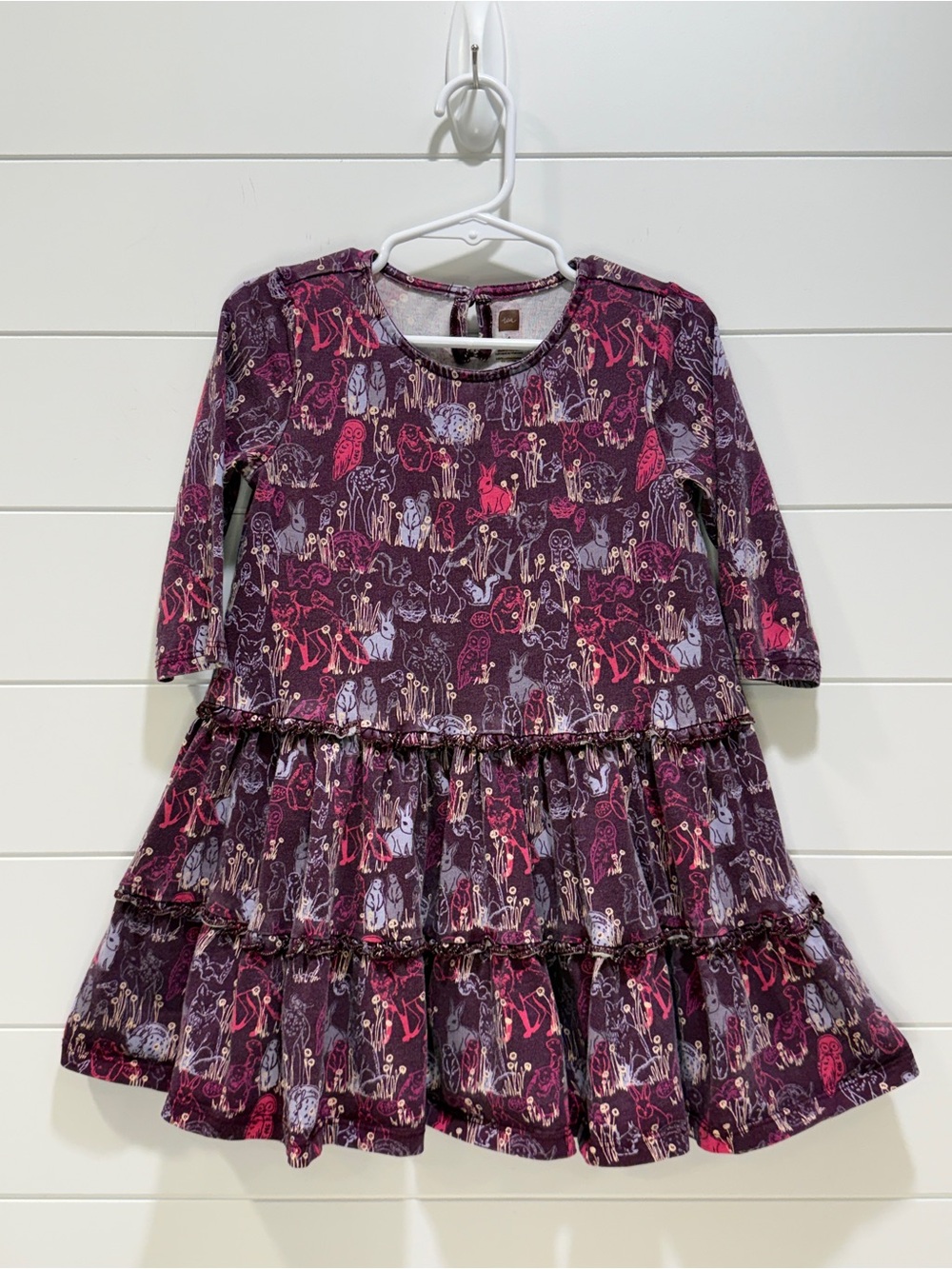 Tea Collection Purple Tiered Animal-Print Long Sleeve Dress